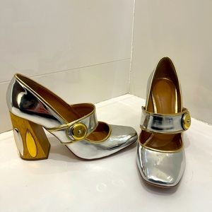 Tory Burch Mary Jane Block Heel Shoes Women's Size 8 1/2 Silver Like New